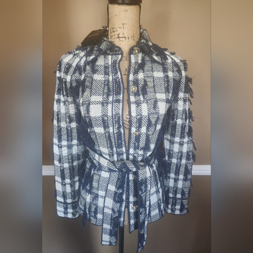 NWT‎ St John Navy & White Plaid Fringe Button Jacket With Belt XS